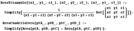 AreaTriangulo[{x1_, y1_, z1_}, {x2_, y2_, z2_}, {x3_, y3_, z3_}] := Simplify[1/((x1 +  ...                                                                                       x3   y3   z3