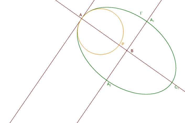 CÍRCULO POR TRES PUNTOS CONSECUTIVOS, PRIMER VÉRTICE SOBRE LA CÓNICA, EL SEGUNDO PUNTO DE INFINITO Y EL TERCERO PUNTO MEDIO