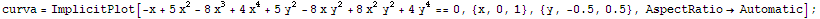 curva = ImplicitPlot[-x + 5 x^2 - 8 x^3 + 4 x^4 + 5 y^2 - 8 x y^2 + 8 x^2 y^2 + 4 y^4 == 0, {x, 0, 1}, {y, -0.5, 0.5}, AspectRatioAutomatic] ;