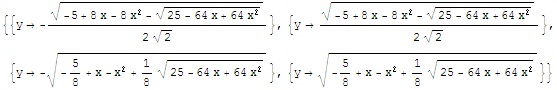 {{y -(-5 + 8 x - 8 x^2 - (25 - 64 x + 64 x^2)^(1/2))^(1/2)/(2 2^(1/2))}, {y  ...  x + 64 x^2)^(1/2))^(1/2)}, {y (-5/8 + x - x^2 + 1/8 (25 - 64 x + 64 x^2)^(1/2))^(1/2)}}