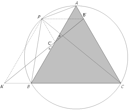 El triángulo de Pompeïu es degenerado si el punto P está sobre el círculo circunscrito. A', B', C' están alineados