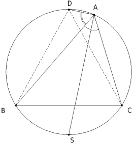En un triángulo cualquiera, la bisectriz corta al círculo circunscrito en el punto medio de los arcos que subtiende el lado opuesto al vértice.