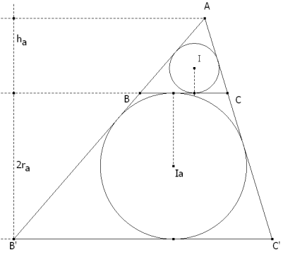 0>El área del triángulo es igual al producto del radio del círculo ex-inscrito opuesto a un vértice por el semi-perímetro menos el lado opuesto al mismo vértice.